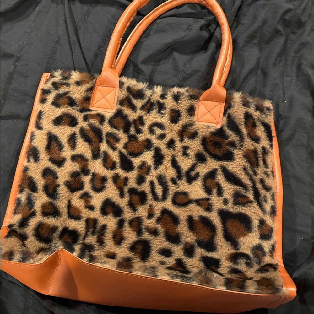 Leopard Faux Fur Shoulder Tote in Brown with Tan Trim